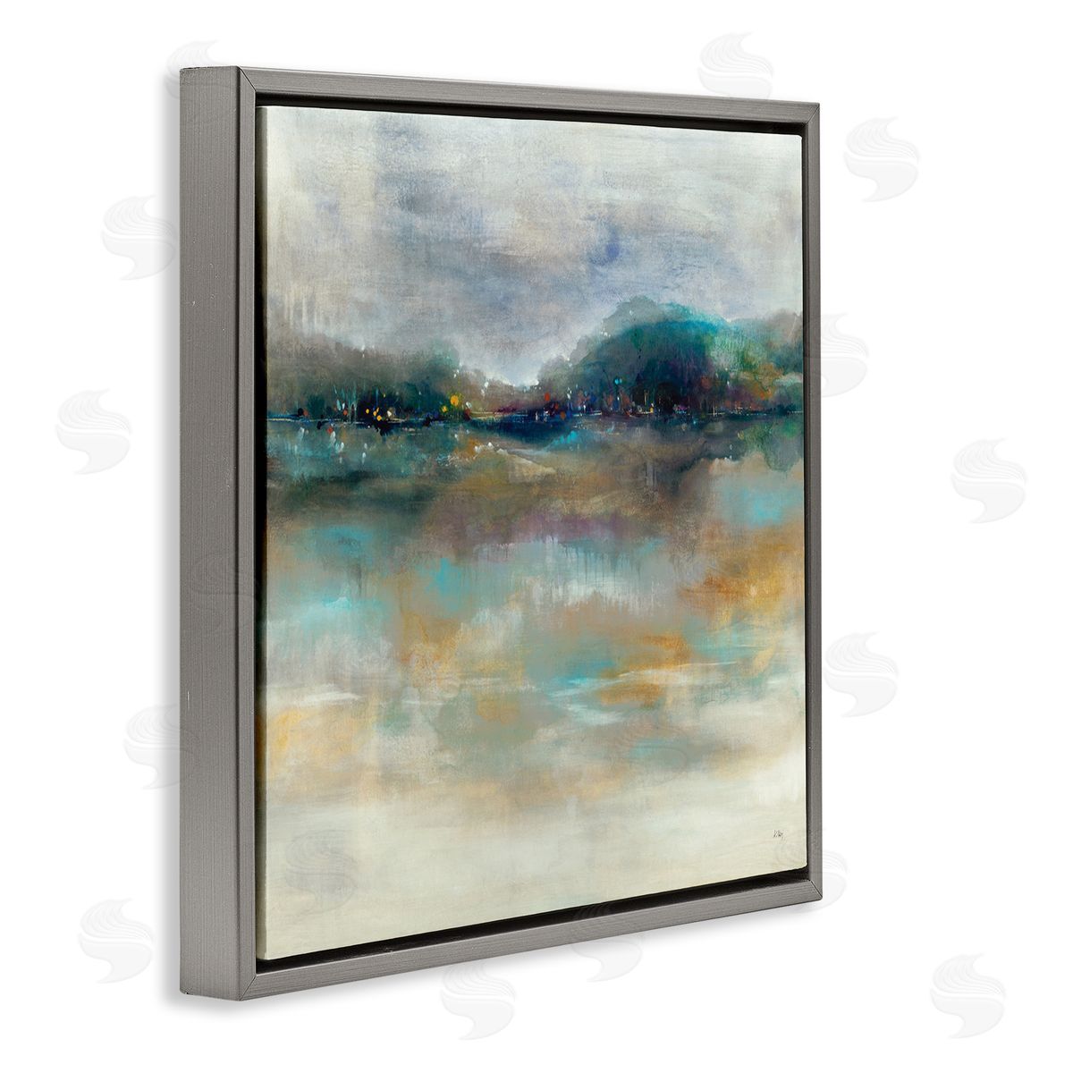 K. Nari Soothing Lakefront Abstract Distant Reflecting Lights  Gray Floating Frame Canvas Wall Art Print