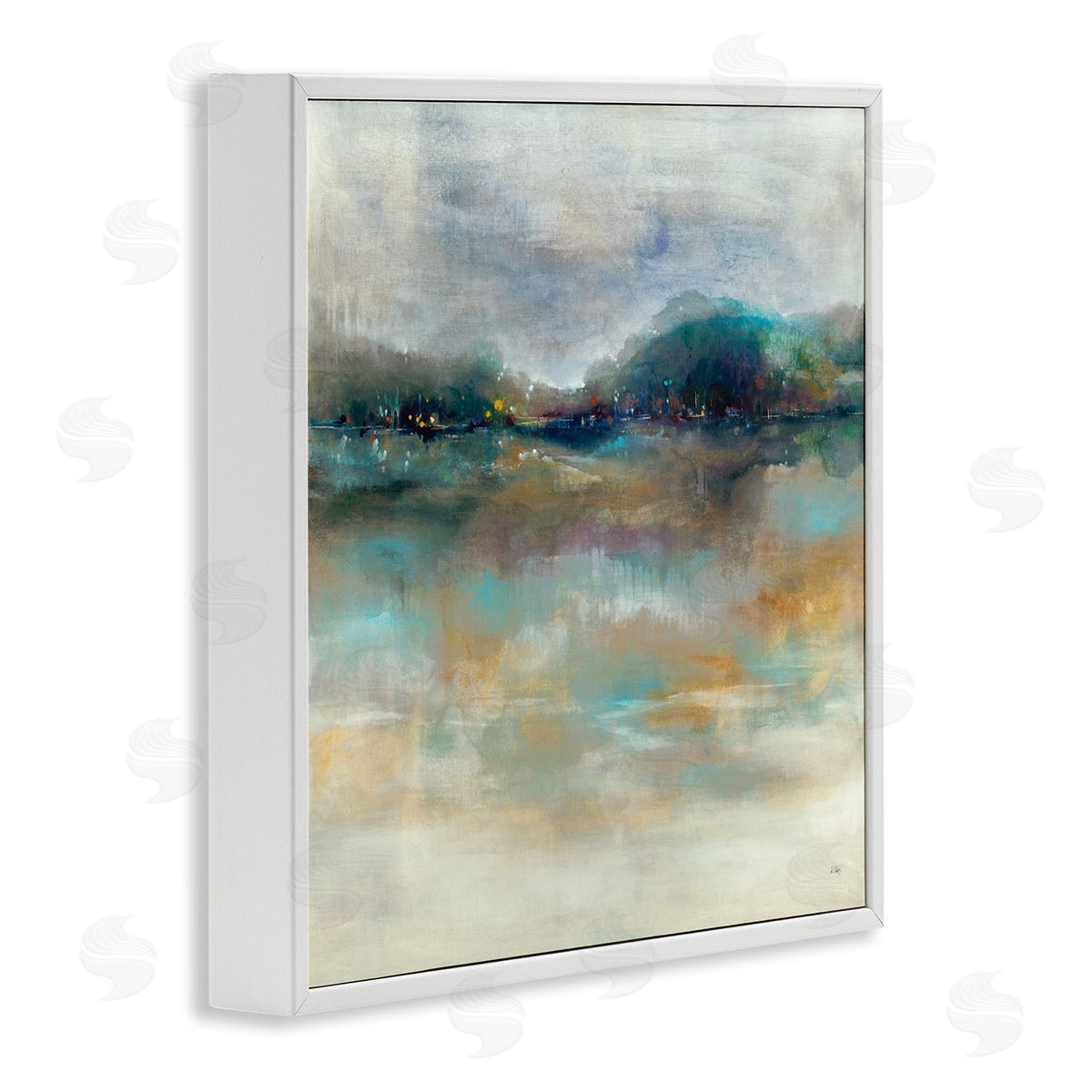 K. Nari Soothing Lakefront Abstract Distant Reflecting Lights  White Framed Glicee Wall Art Print