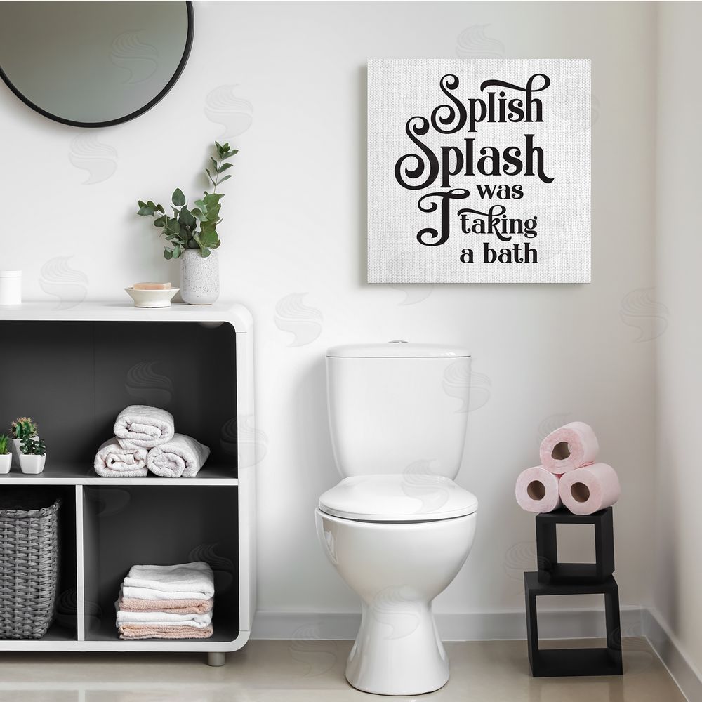 Lettered and Lined Splish Splash Taking Bath Playful Bathroom Phrase Canvas Wall Art in Room