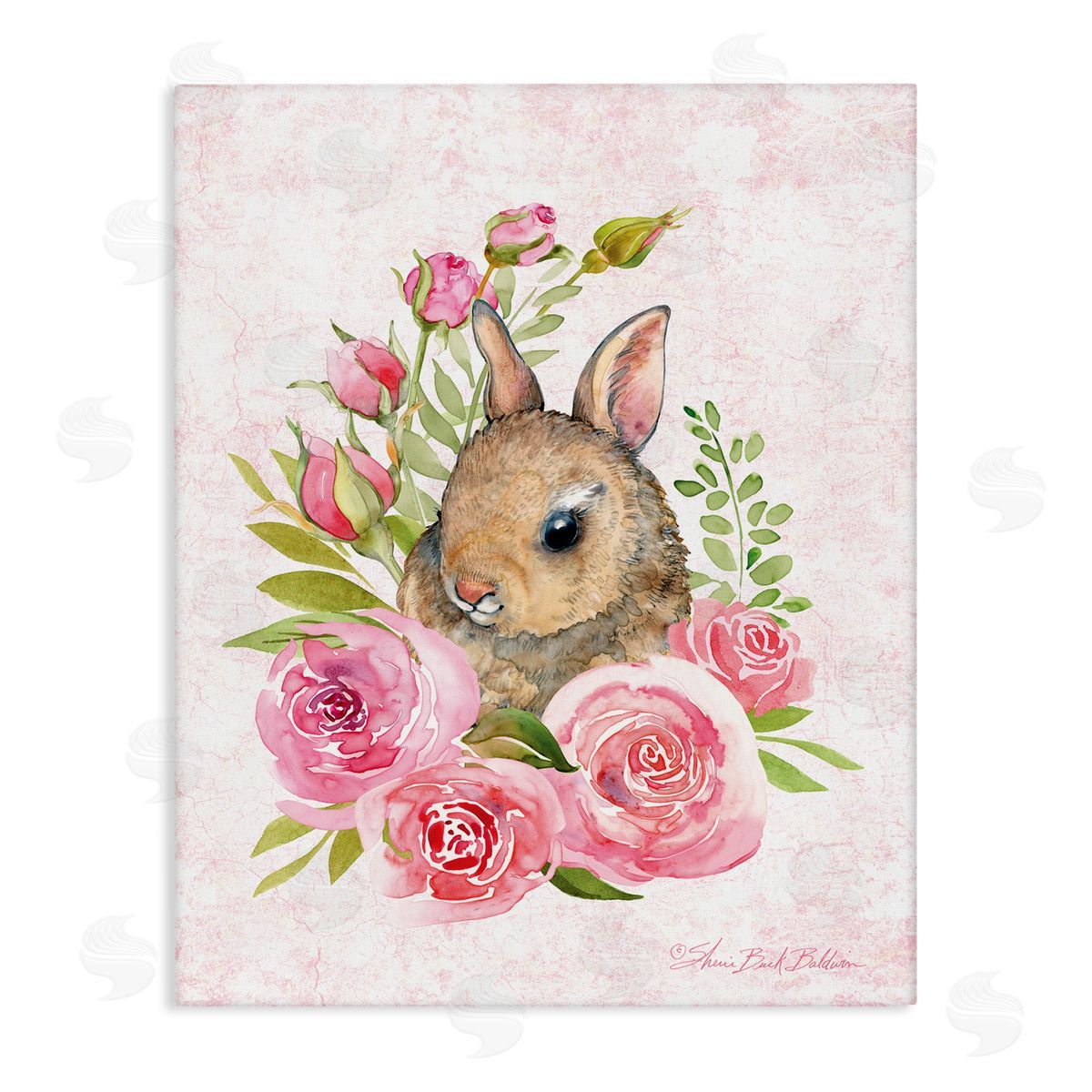 Sherri Buck Baldwin Cute Bunny Rabbit Pink Blooming Rose Flowers