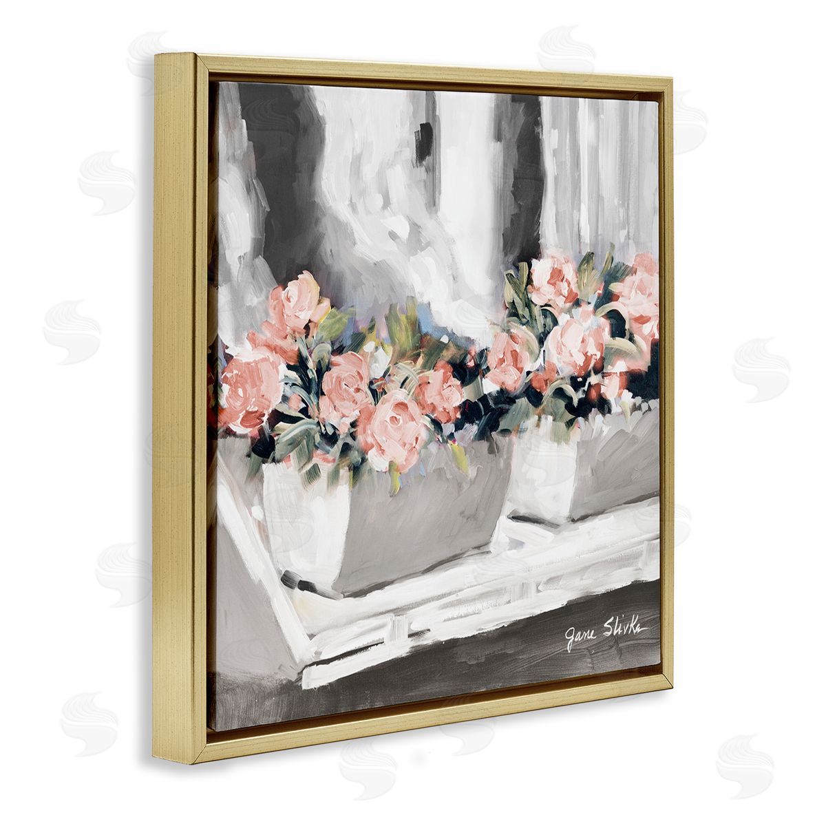 Jane Slivka Soft Pink Roses Abstract Florals on Delicate Edge Gold Floating Frame Canvas Wall Art Print