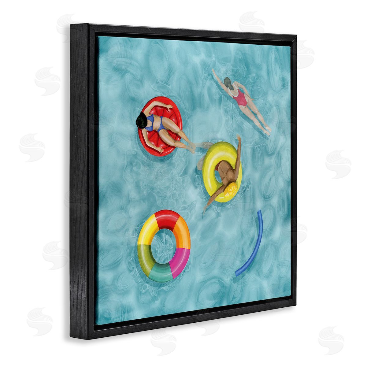 Grace Popp Swimmers In Pool Inner Tube Cool Blue Water Black Floating Frame Canvas Wall Art Print