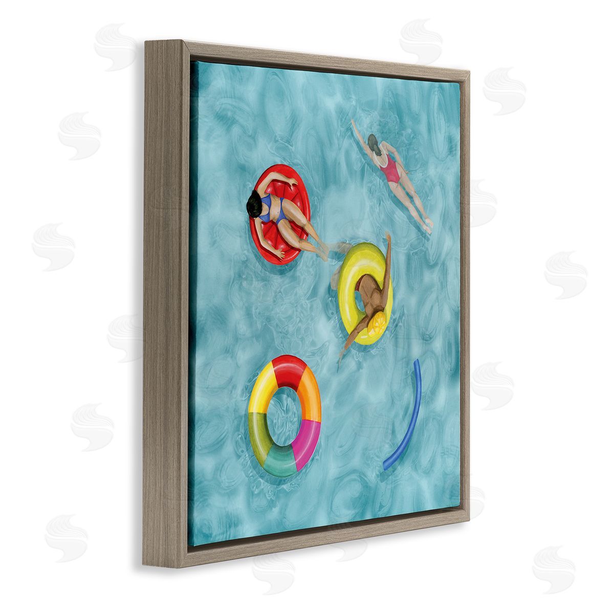 Grace Popp Swimmers In Pool Inner Tube Cool Blue Water Brown Floating Frame Canvas Wall Art Print