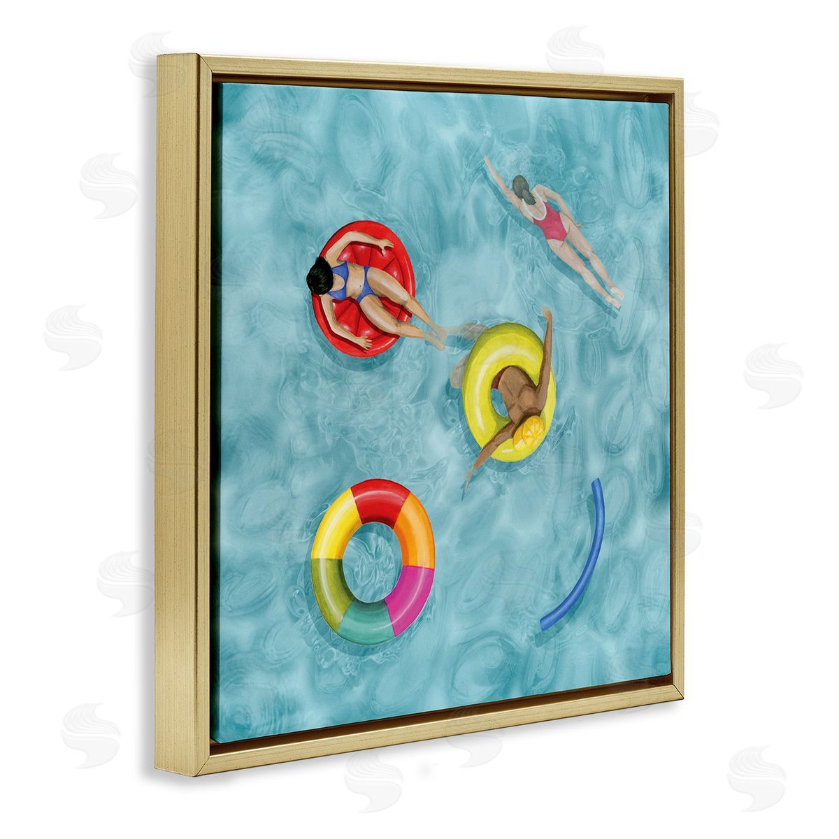 Grace Popp Swimmers In Pool Inner Tube Cool Blue Water Gold Floating Frame Canvas Wall Art Print