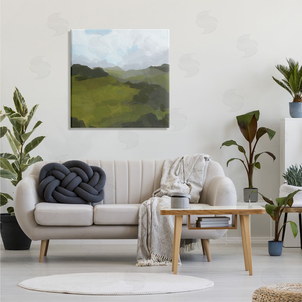 Jacob Green Thick Green Meadow Landscape Cloudy Hazy Sky Canvas Wall Art in Room
