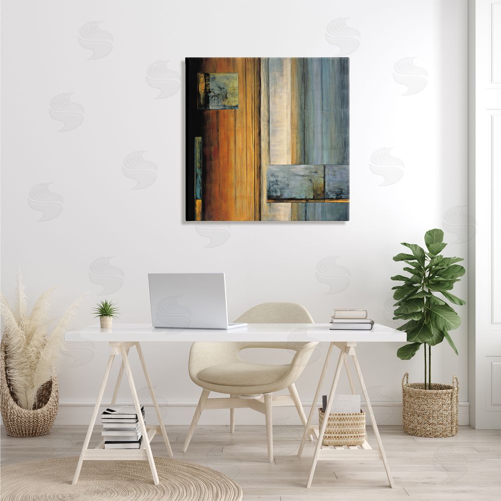 Aaron Summers Abstract Layered Rectangular Shapes Orange White Blue Canvas Wall Art in Room