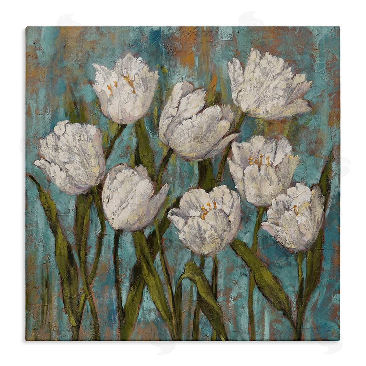 Brian Francis Vintage Country White Tulips over Distressed Soft Blue  Stretched Canvas Wall Art Print