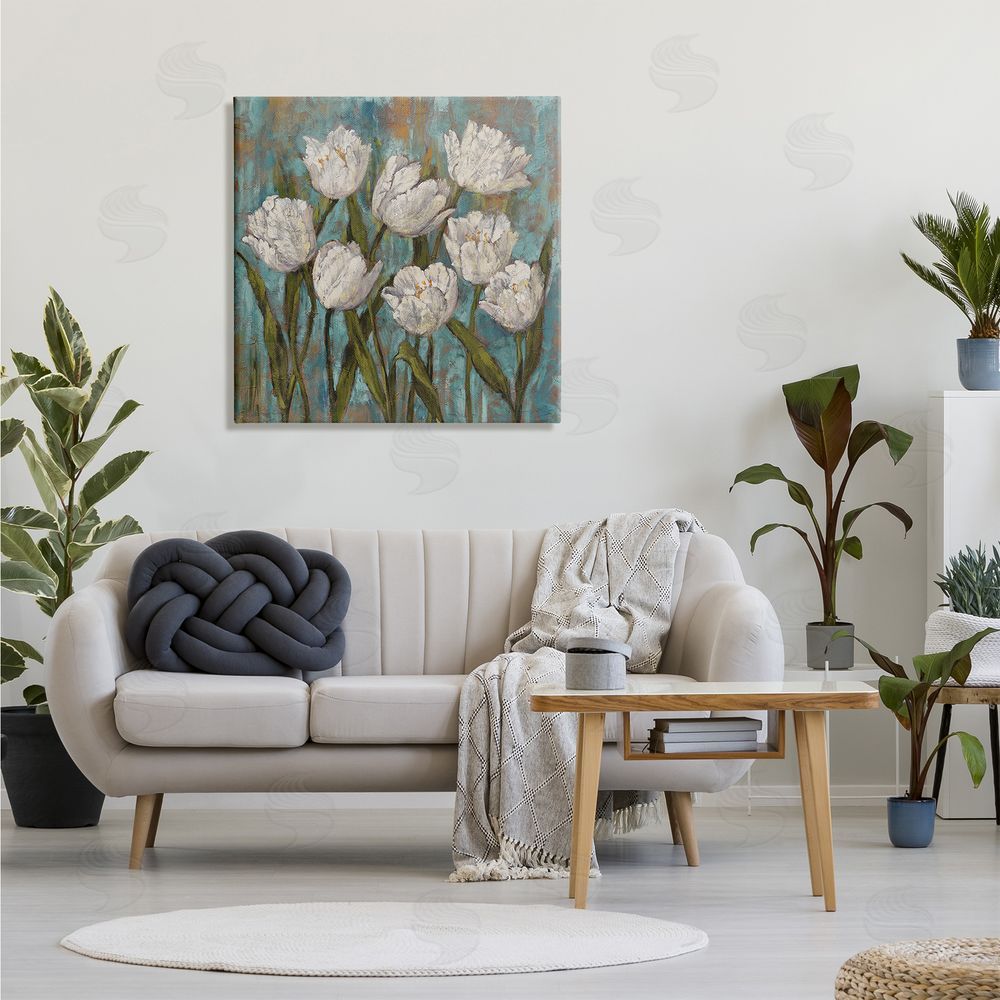 Brian Francis Vintage Country White Tulips over Distressed Soft Blue  Canvas Wall Art in Room