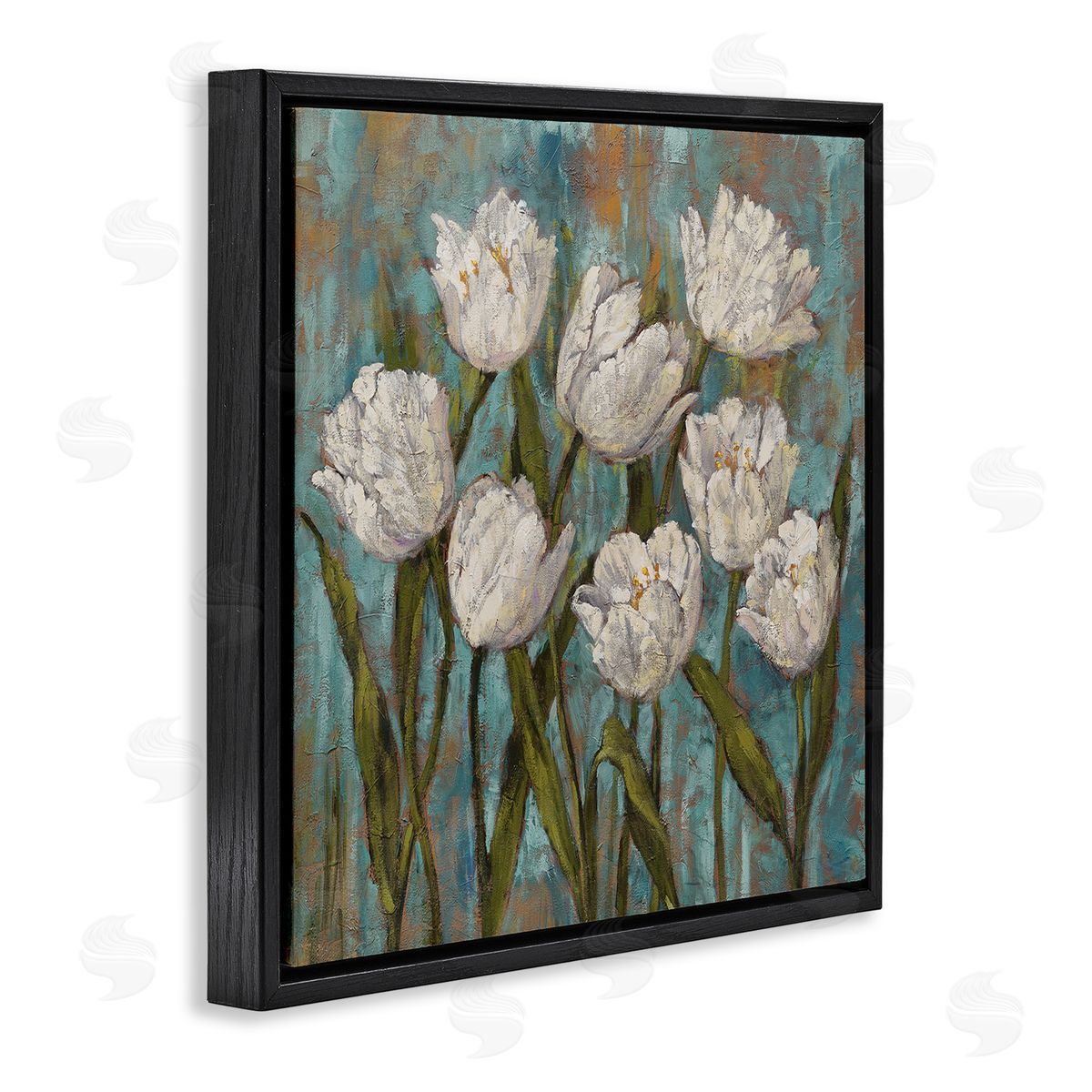 Brian Francis Vintage Country White Tulips over Distressed Soft Blue  Black Floating Frame Canvas Wall Art Print
