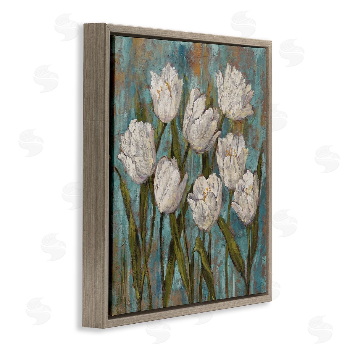 Brian Francis Vintage Country White Tulips over Distressed Soft Blue  Brown Floating Frame Canvas Wall Art Print