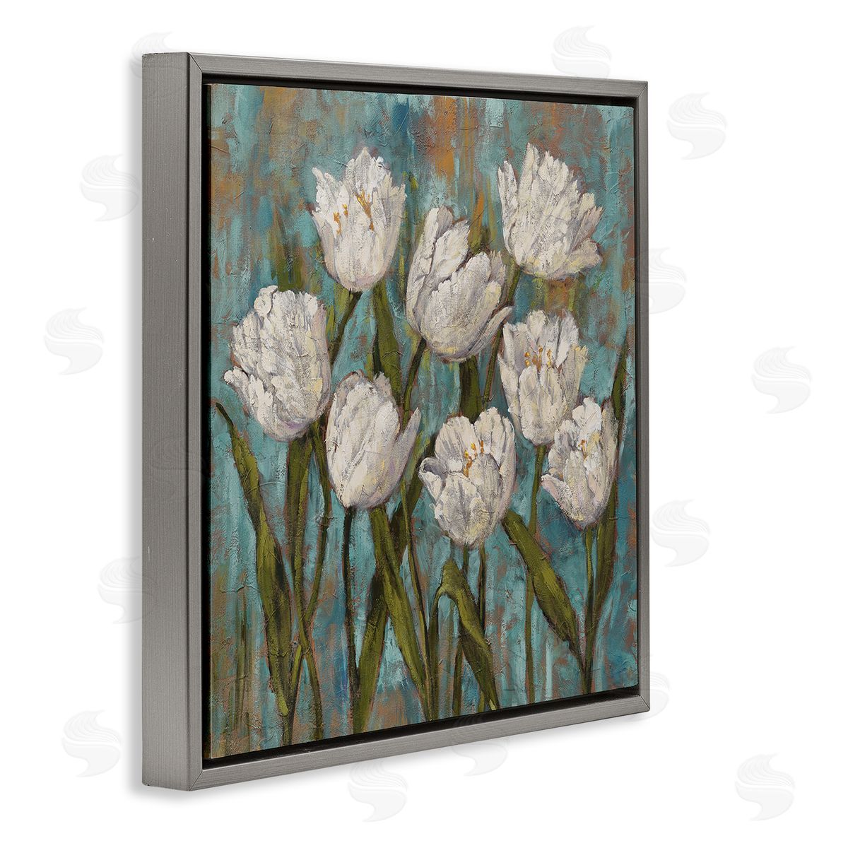 Brian Francis Vintage Country White Tulips over Distressed Soft Blue  Gray Floating Frame Canvas Wall Art Print