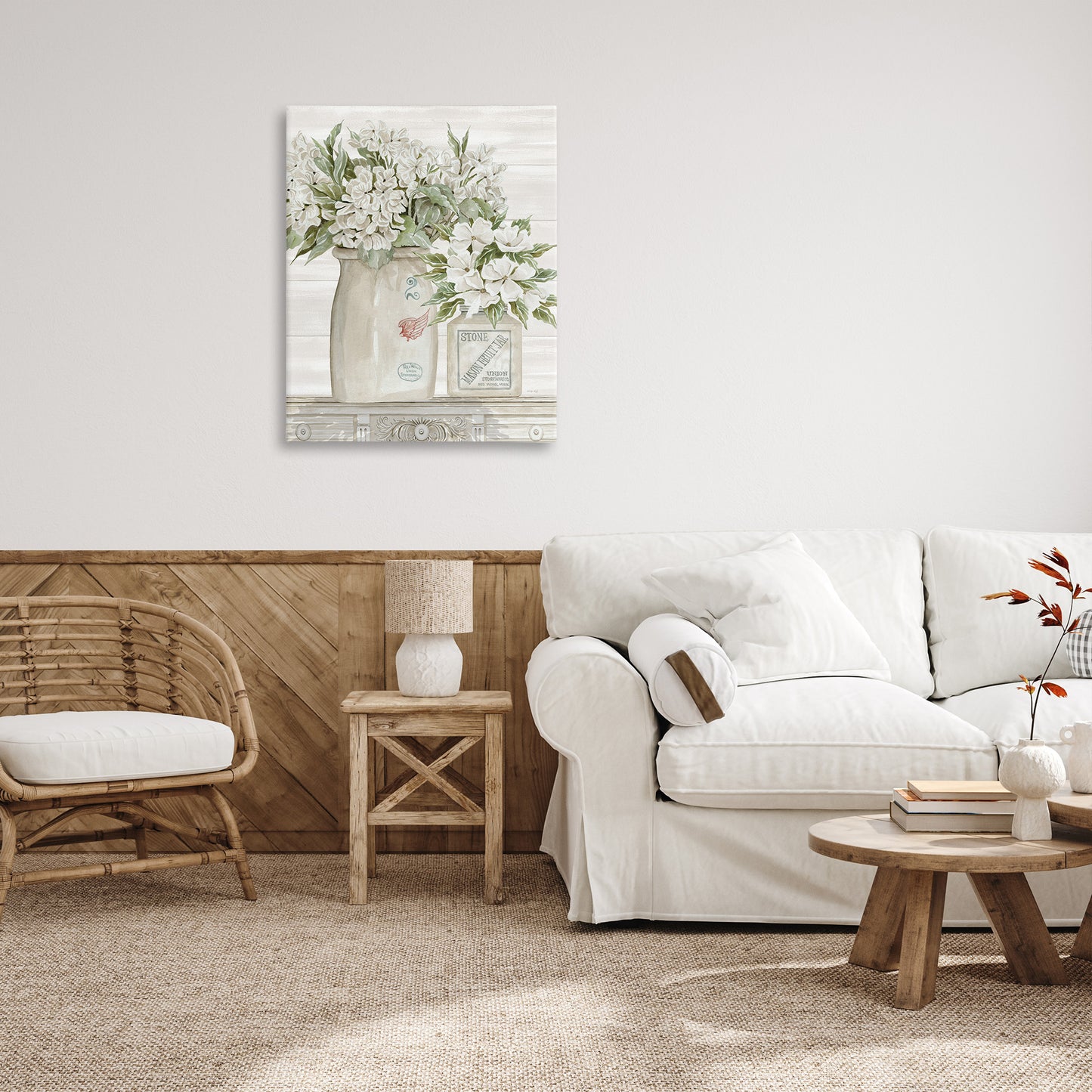 Alluring White Floral Jars Canvas Wall Art in Room, Home Decor by Cindy Jacobs