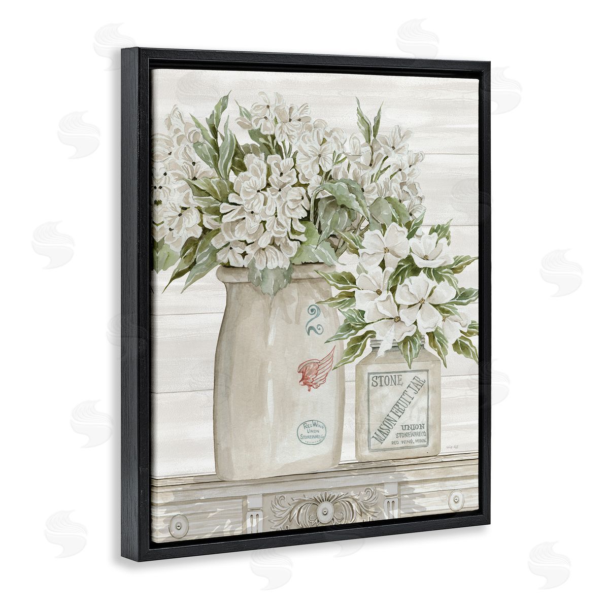 Alluring White Floral Jars Black Floating Frame Canvas Wall Art, Home Decor by Cindy Jacobs