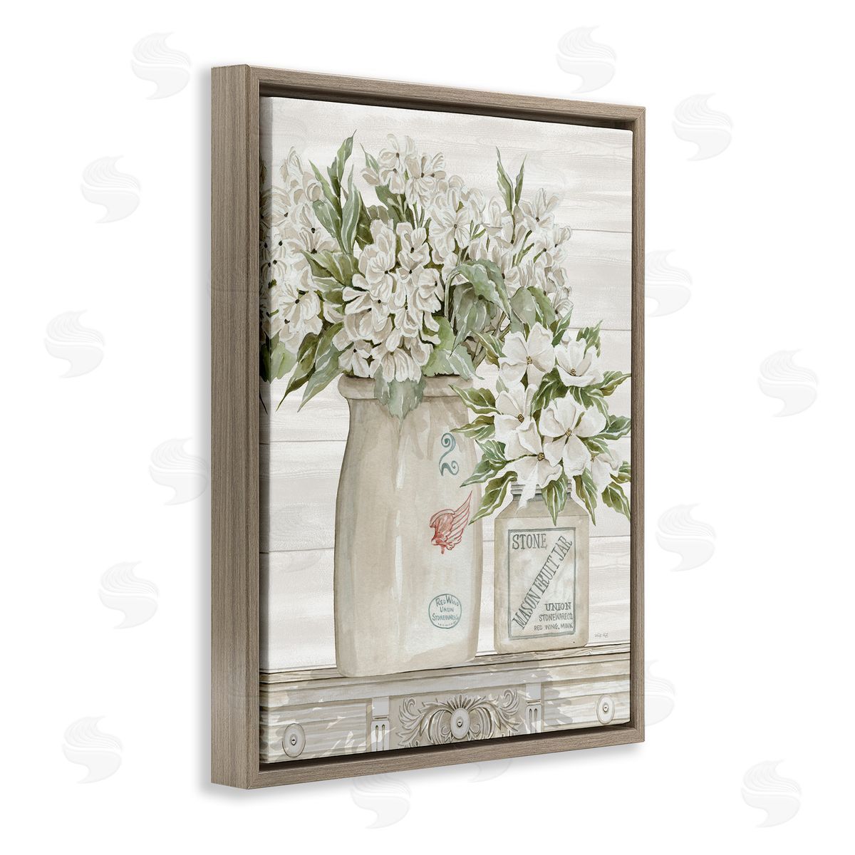 Alluring White Floral Jars Brown Floating Frame Canvas Wall Art, Home Decor by Cindy Jacobs