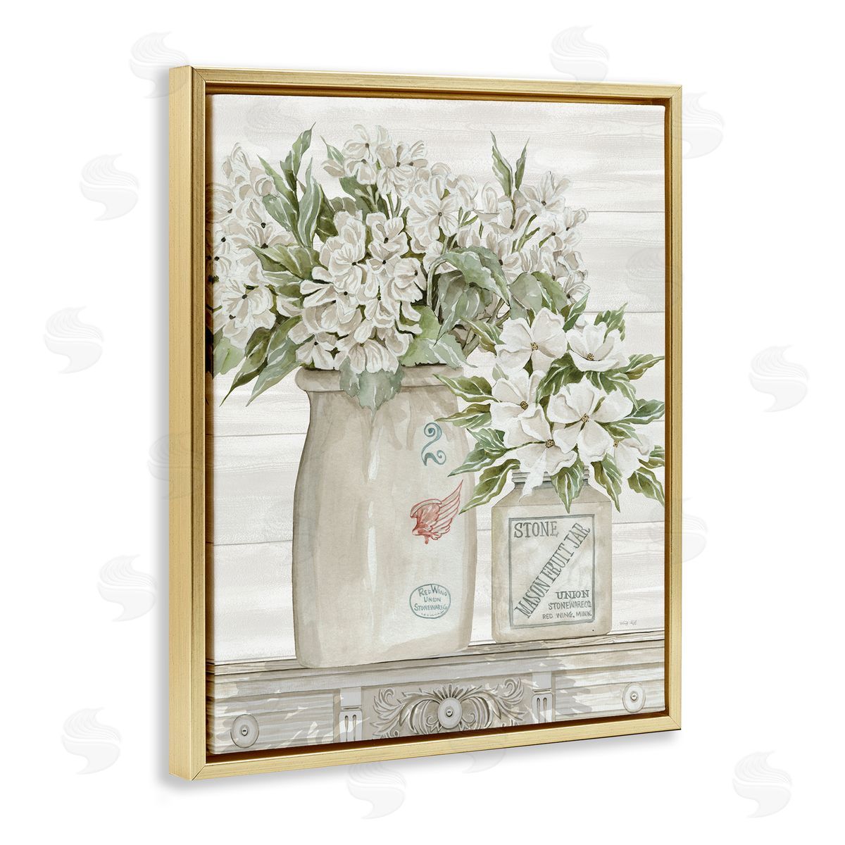 Alluring White Floral Jars Gold Floating Frame Canvas Wall Art, Home Decor by Cindy Jacobs