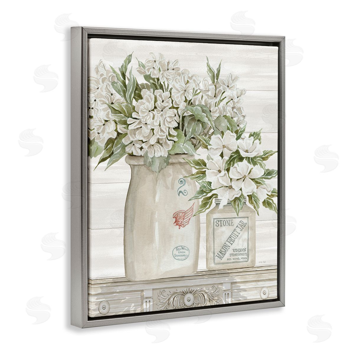 Alluring White Floral Jars Grey Floating Frame Canvas Wall Art, Home Decor by Cindy Jacobs