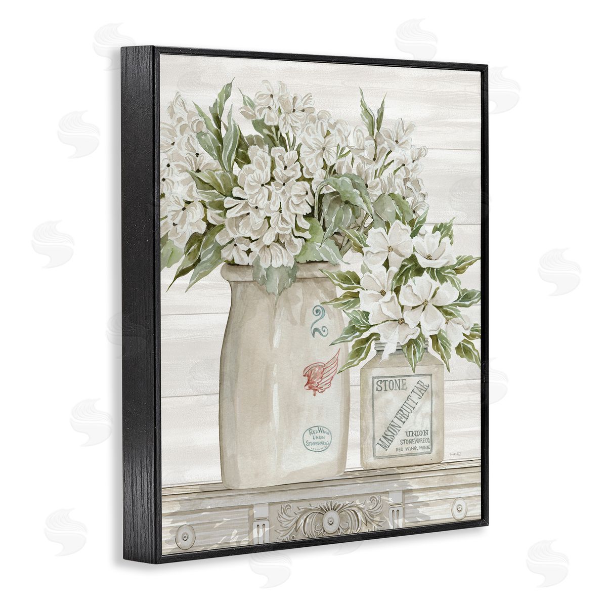 Alluring White Floral Jars Black Frame Print Wall Art, Home Decor by Cindy Jacobs