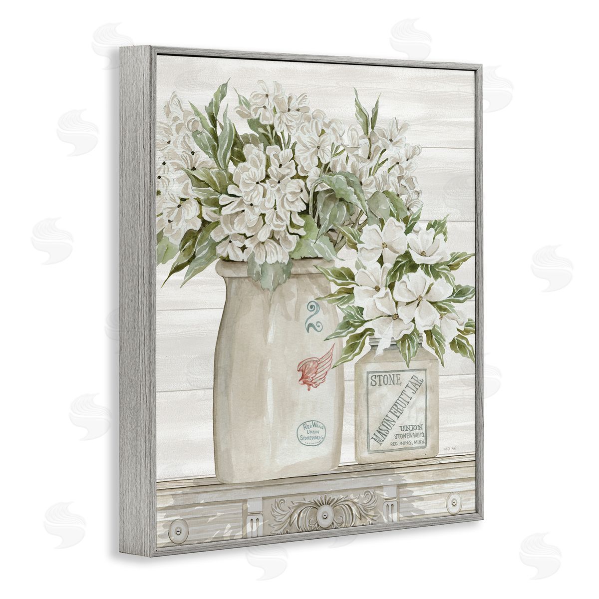 Alluring White Floral Jars Grey Frame Print Wall Art, Home Decor by Cindy Jacobs