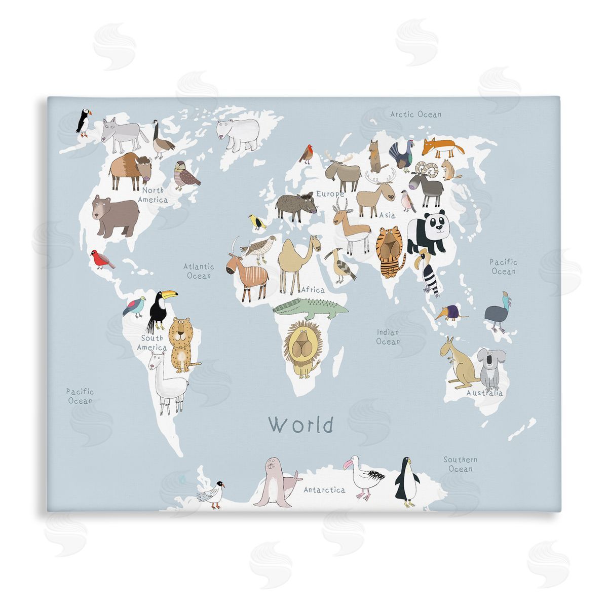 Carla Daly Children's Animal World Map Playful Illustration Light Blue