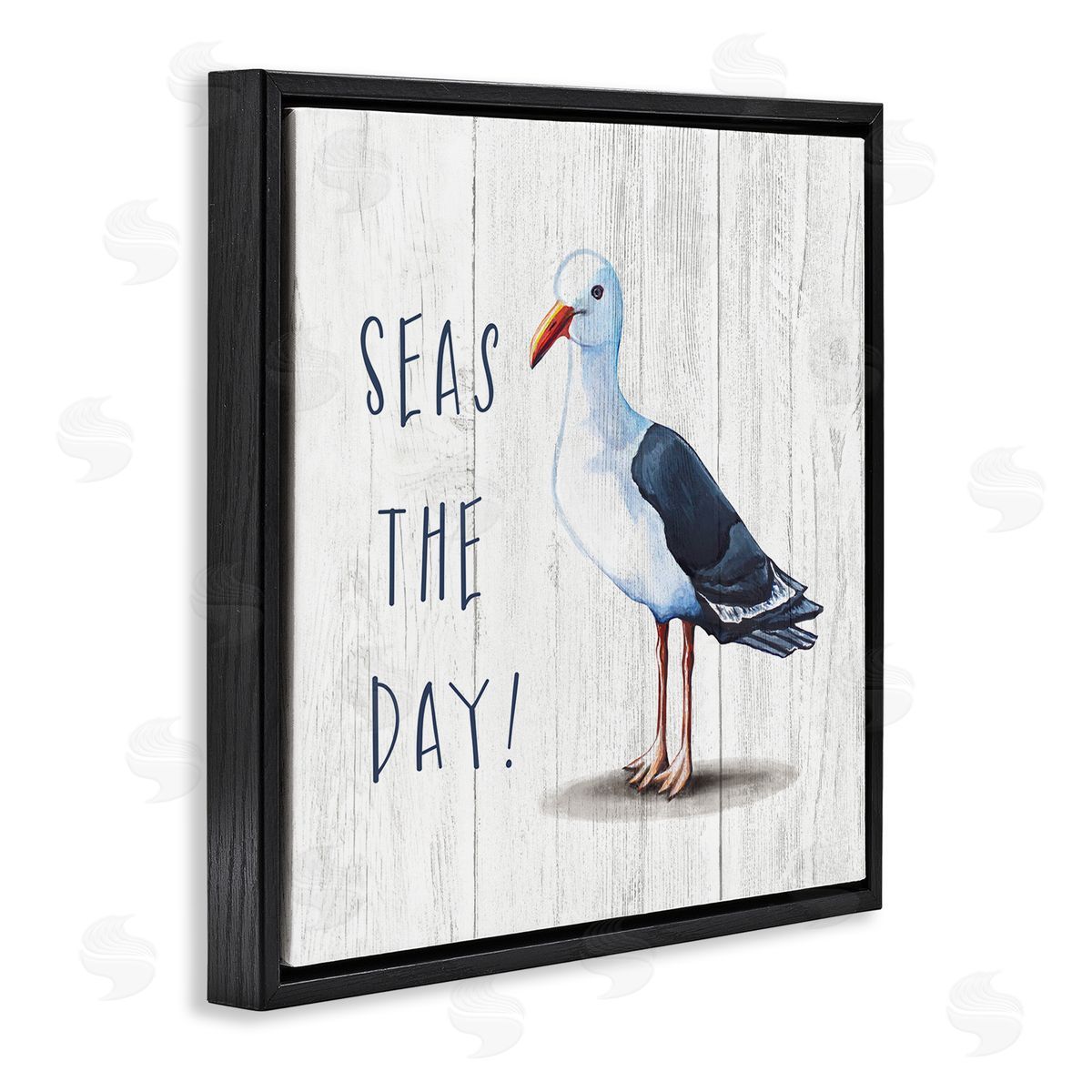 Elizabeth Tyndall Seas the Day Sentiment Rustic Nautical Seagull Bird Black Floating Frame Canvas Wall Art Print