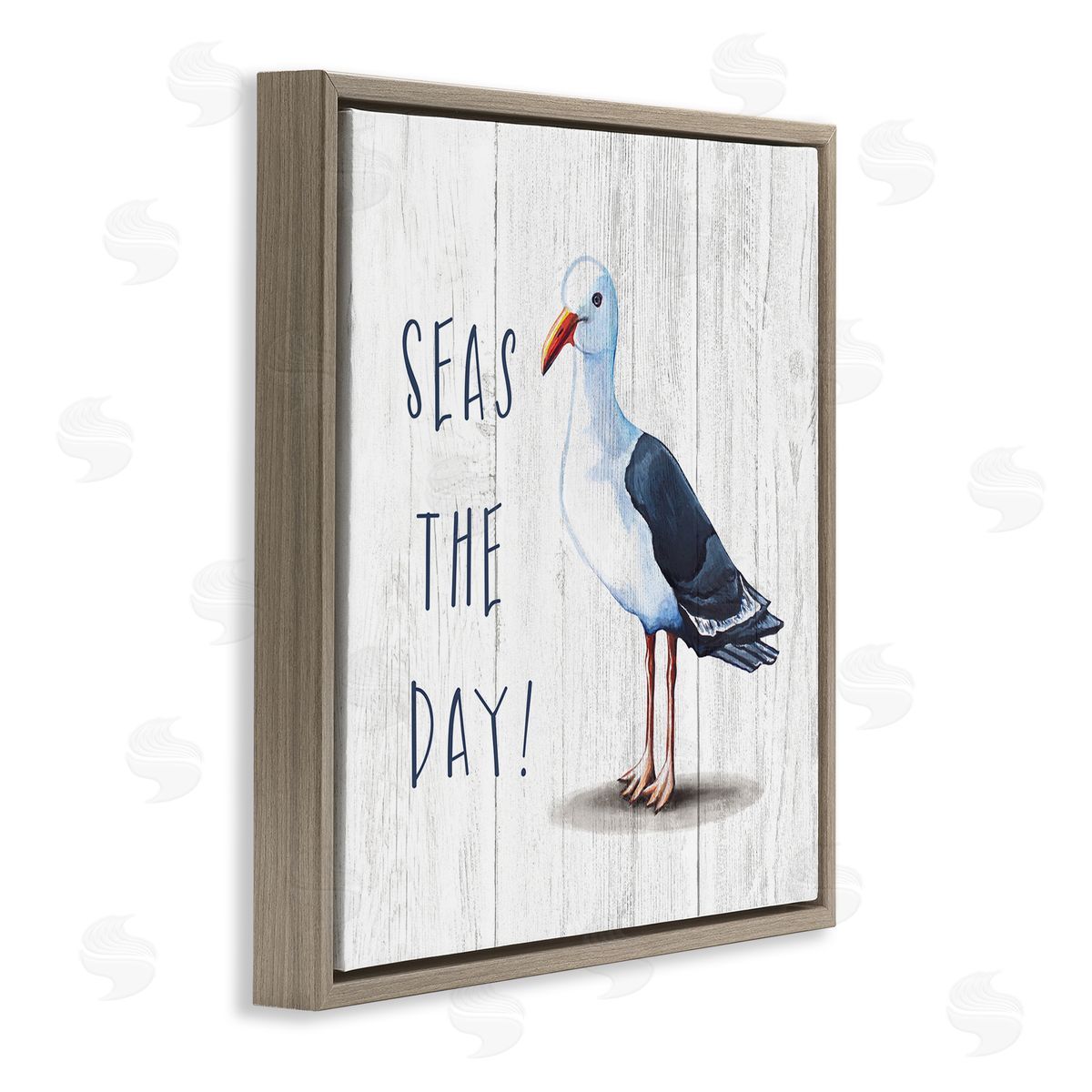 Elizabeth Tyndall Seas the Day Sentiment Rustic Nautical Seagull Bird Brown Floating Frame Canvas Wall Art Print