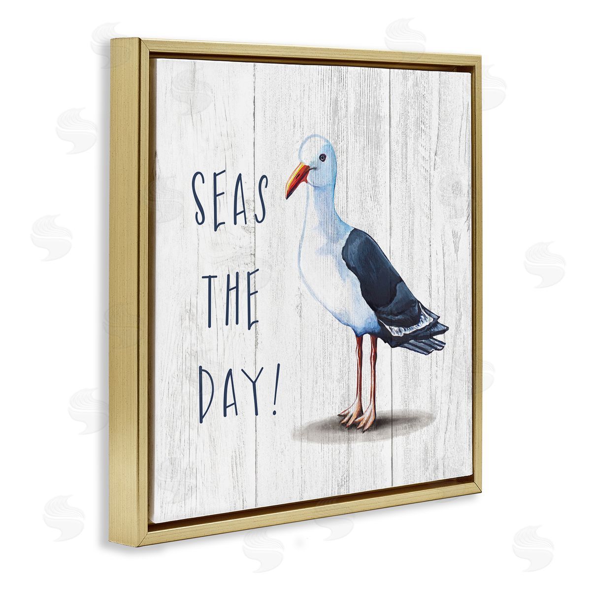 Elizabeth Tyndall Seas the Day Sentiment Rustic Nautical Seagull Bird Gold Floating Frame Canvas Wall Art Print