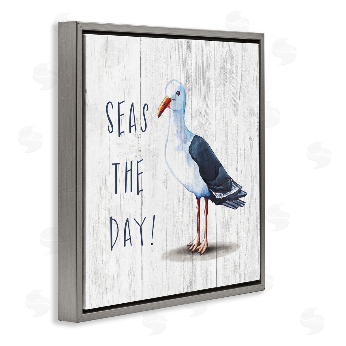 Elizabeth Tyndall Seas the Day Sentiment Rustic Nautical Seagull Bird Gray Floating Frame Canvas Wall Art Print