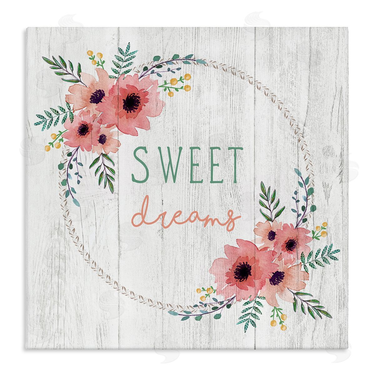 Elizabeth Tyndall Sweet Dreams Sentiments Blushing Pink Poppy Wreath Stretched Canvas Wall Art Print