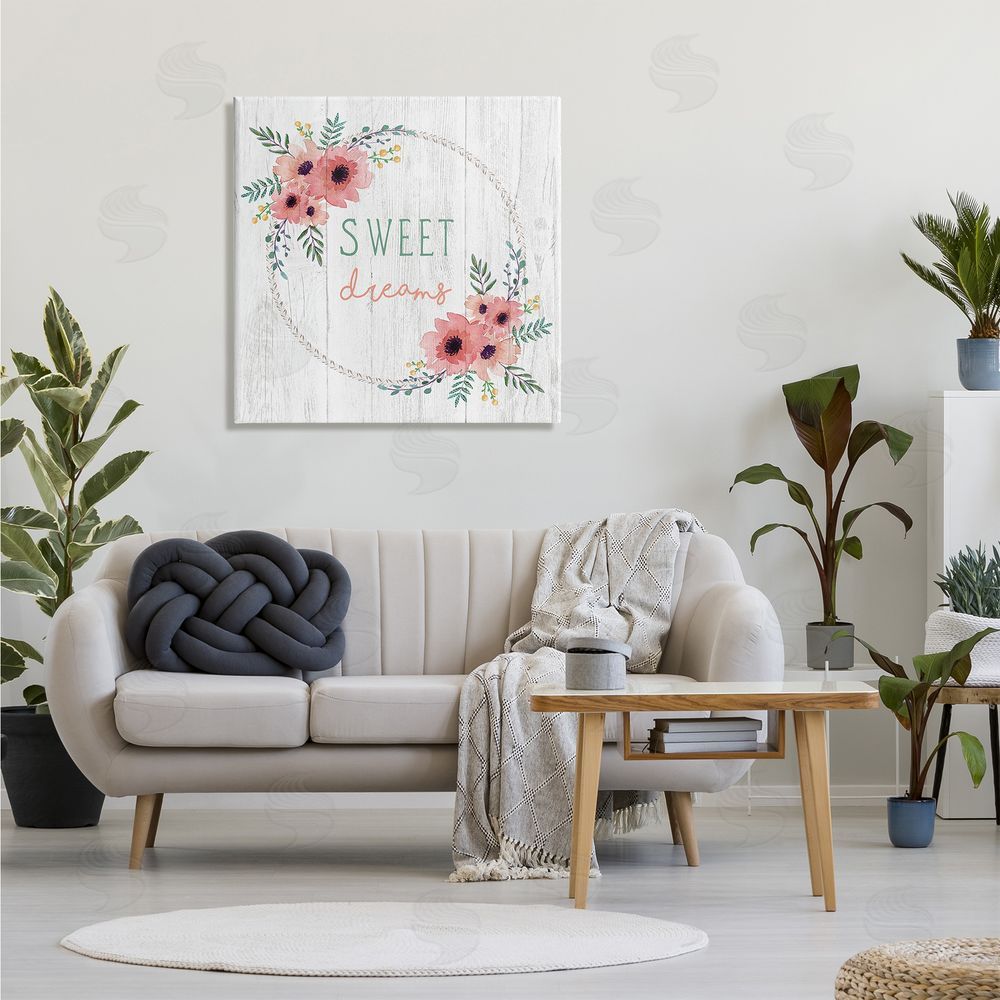 Elizabeth Tyndall Sweet Dreams Sentiments Blushing Pink Poppy Wreath Canvas Wall Art in Room