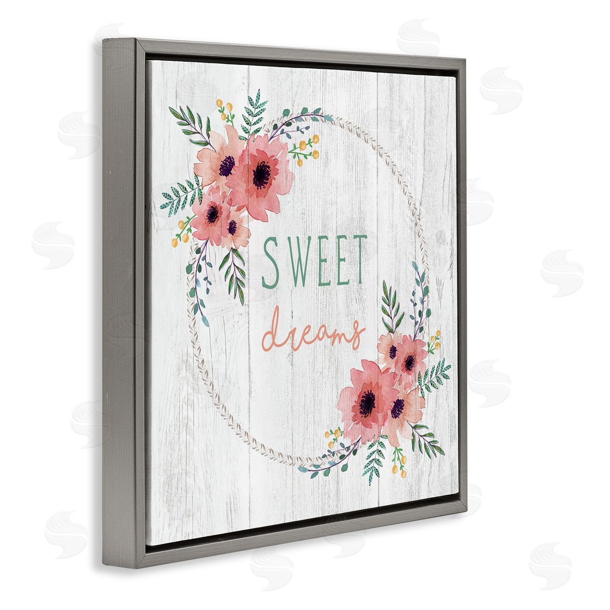 Elizabeth Tyndall Sweet Dreams Sentiments Blushing Pink Poppy Wreath Gray Floating Frame Canvas Wall Art Print