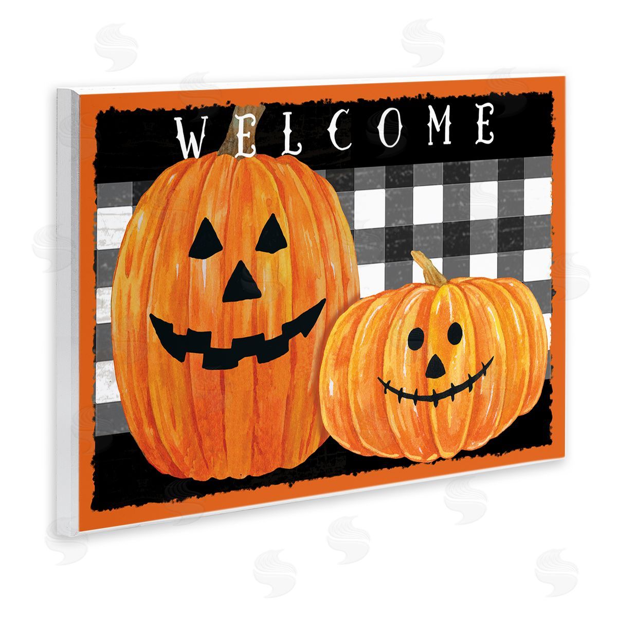 Andrea Tachiera Festive Halloween Welcome Sign Happy Pumpkins Black Plaid
