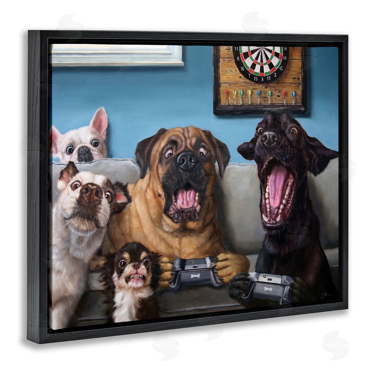 Funny Dogs Playing Video Games Black Floating Frame Canvas Wall Art, Home Decor by Lucia Heffernan