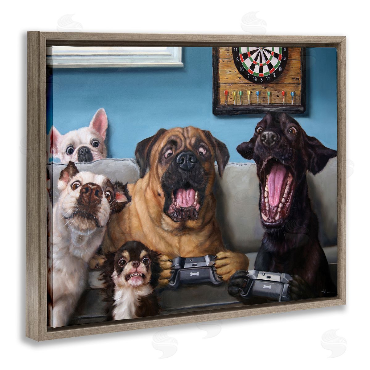 Funny Dogs Playing Video Games Brown Floating Frame Canvas Wall Art, Home Decor by Lucia Heffernan