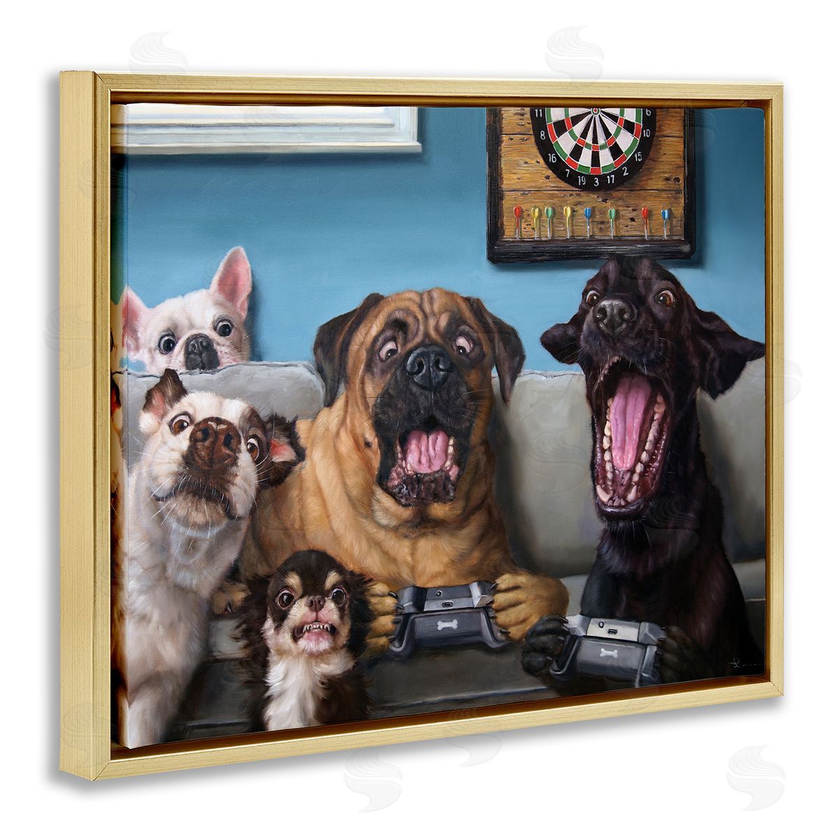 Funny Dogs Playing Video Games Gold Floating Frame Canvas Wall Art, Home Decor by Lucia Heffernan