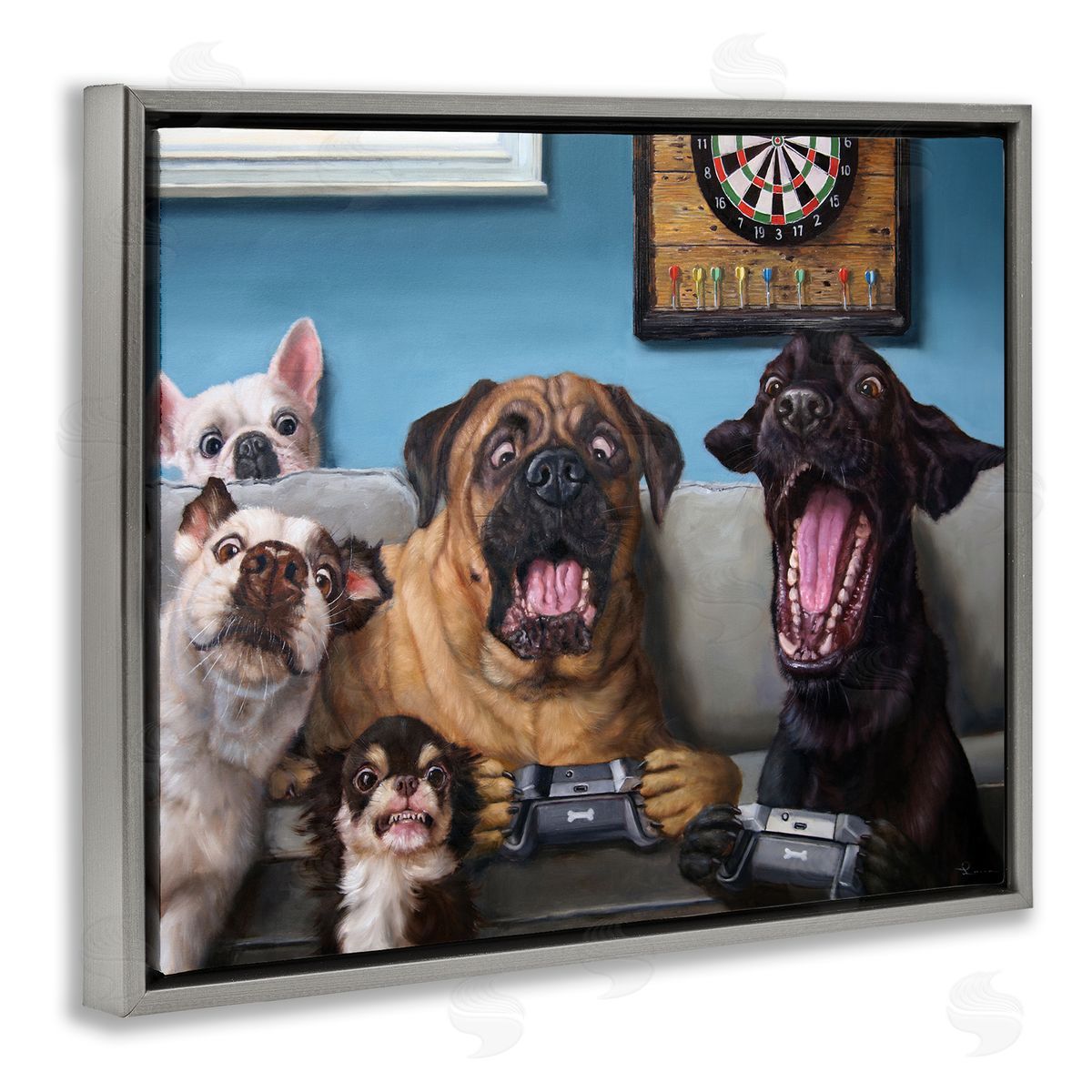 Funny Dogs Playing Video Games Grey Floating Frame Canvas Wall Art, Home Decor by Lucia Heffernan