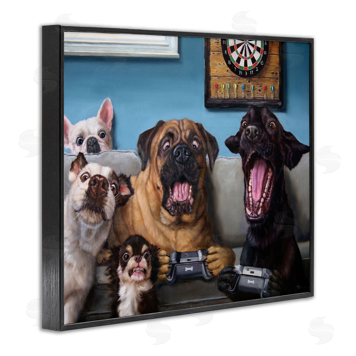 Funny Dogs Playing Video Games Black Frame Print Wall Art, Home Decor by Lucia Heffernan