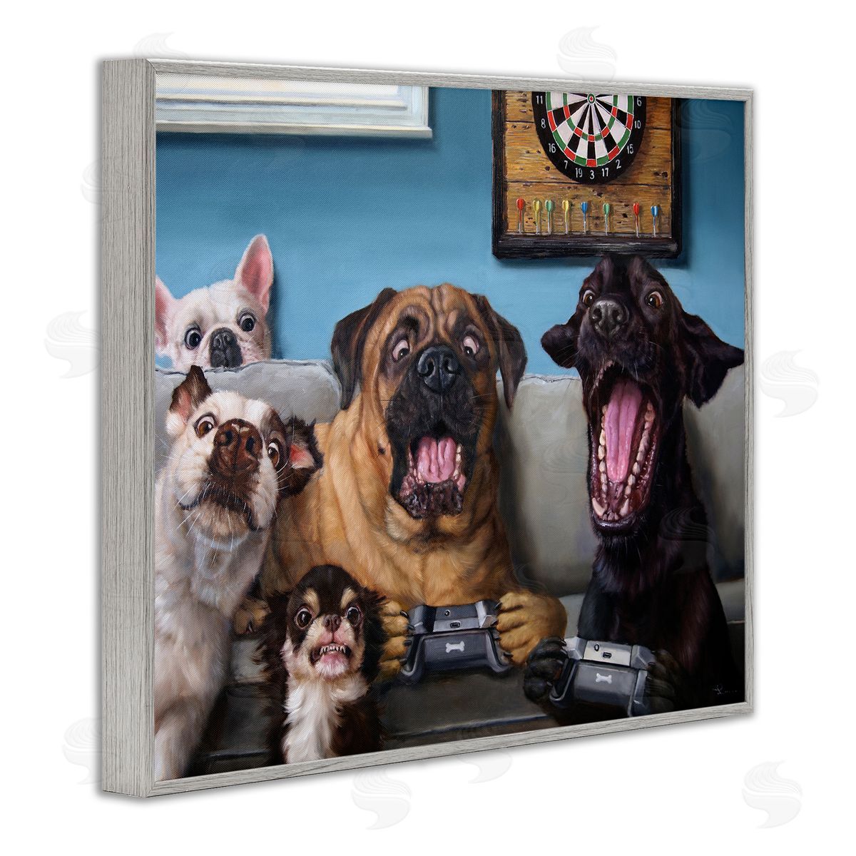 Funny Dogs Playing Video Games Grey Frame Print Wall Art, Home Decor by Lucia Heffernan