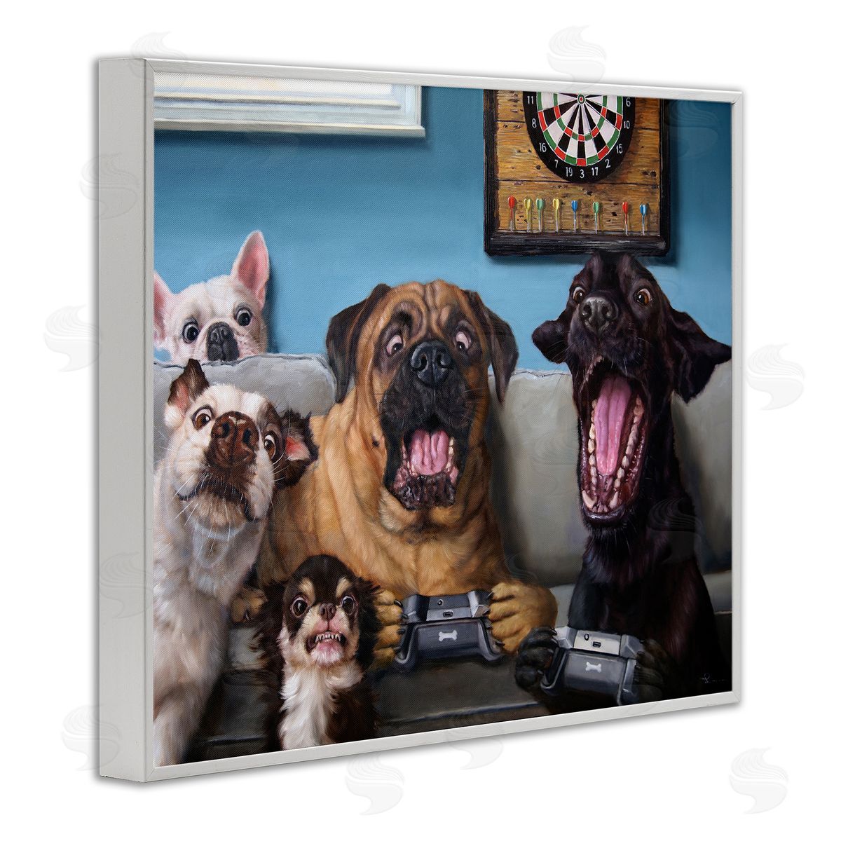 Funny Dogs Playing Video Games White Frame Print Wall Art, Home Decor by Lucia Heffernan