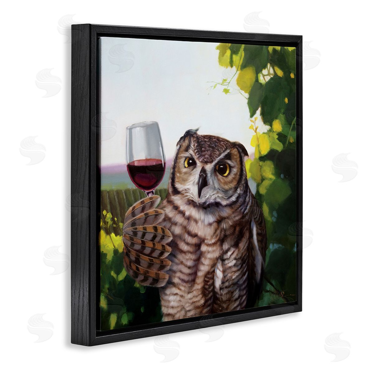 Owl Drinking Red Wine Black Floating Frame Canvas Wall Art, Home Decor by Lucia Heffernan