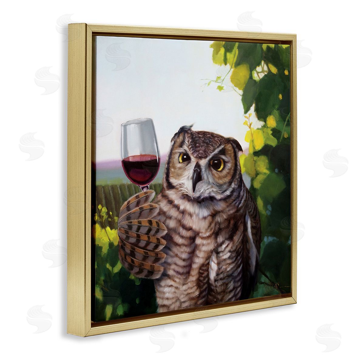 Owl Drinking Red Wine Gold Floating Frame Canvas Wall Art, Home Decor by Lucia Heffernan