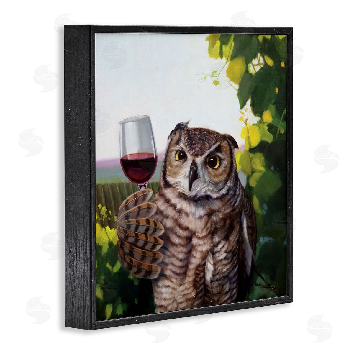Owl Drinking Red Wine Black Frame Print Wall Art, Home Decor by Lucia Heffernan