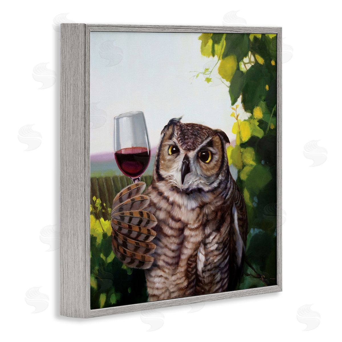 Owl Drinking Red Wine Grey Frame Print Wall Art, Home Decor by Lucia Heffernan