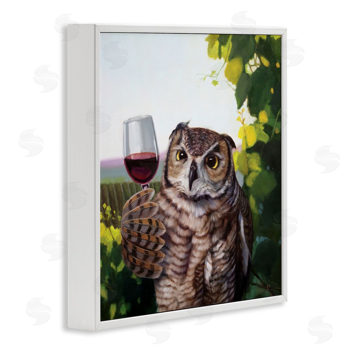 Owl Drinking Red Wine White Frame Print Wall Art, Home Decor by Lucia Heffernan