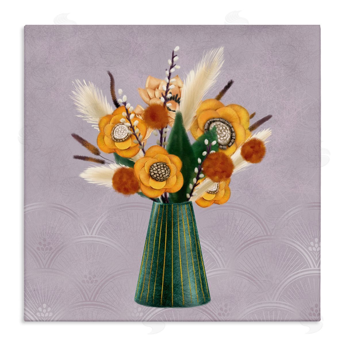 Ziwei Li Yellow Autumn Floral Bouquet in Green Vase  Stretched Canvas Wall Art Print