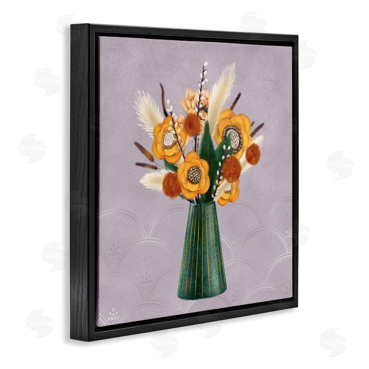 Ziwei Li Yellow Autumn Floral Bouquet in Green Vase  Black Floating Frame Canvas Wall Art Print