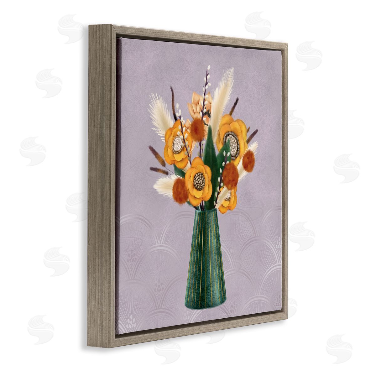 Ziwei Li Yellow Autumn Floral Bouquet in Green Vase  Brown Floating Frame Canvas Wall Art Print