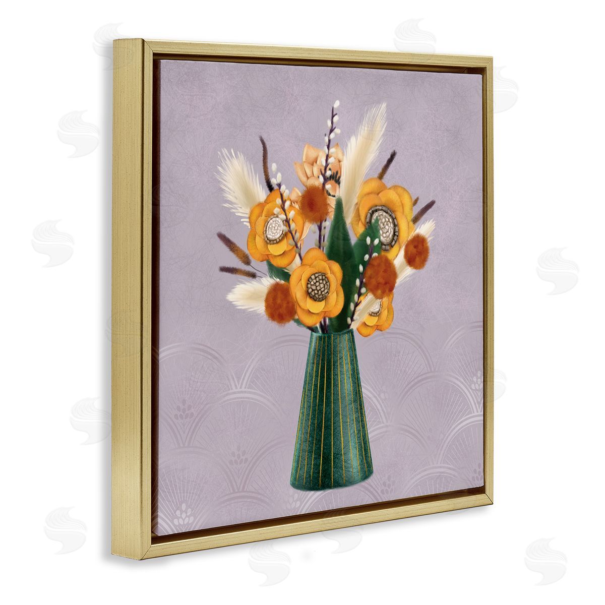 Ziwei Li Yellow Autumn Floral Bouquet in Green Vase  Gold Floating Frame Canvas Wall Art Print
