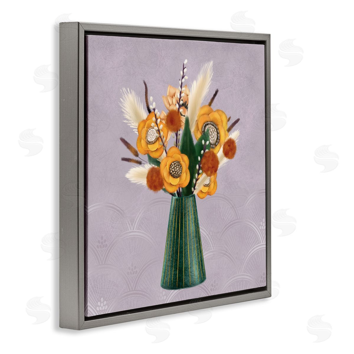 Ziwei Li Yellow Autumn Floral Bouquet in Green Vase  Gray Floating Frame Canvas Wall Art Print