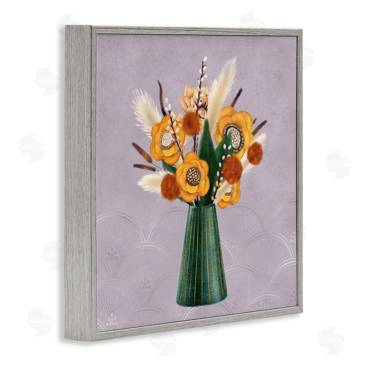 Ziwei Li Yellow Autumn Floral Bouquet in Green Vase  Gray Framed Glicee Wall Art Print