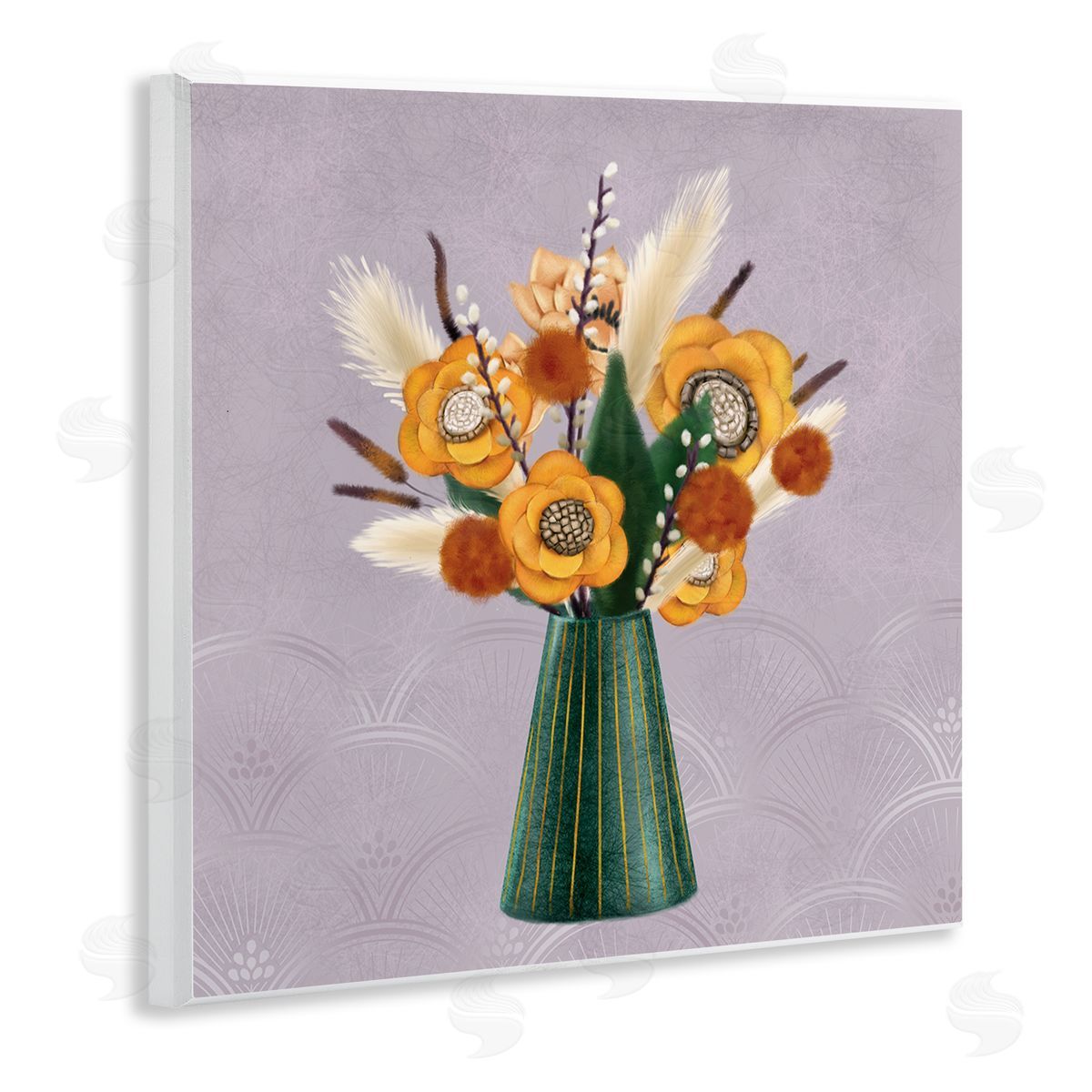 Ziwei Li Yellow Autumn Floral Bouquet in Green Vase  Wooden Wall Plaque Art Print